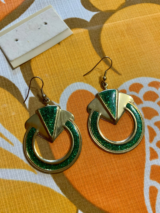 Boucles créoles métal doré et Paillettes vertes Vintage 1980/90